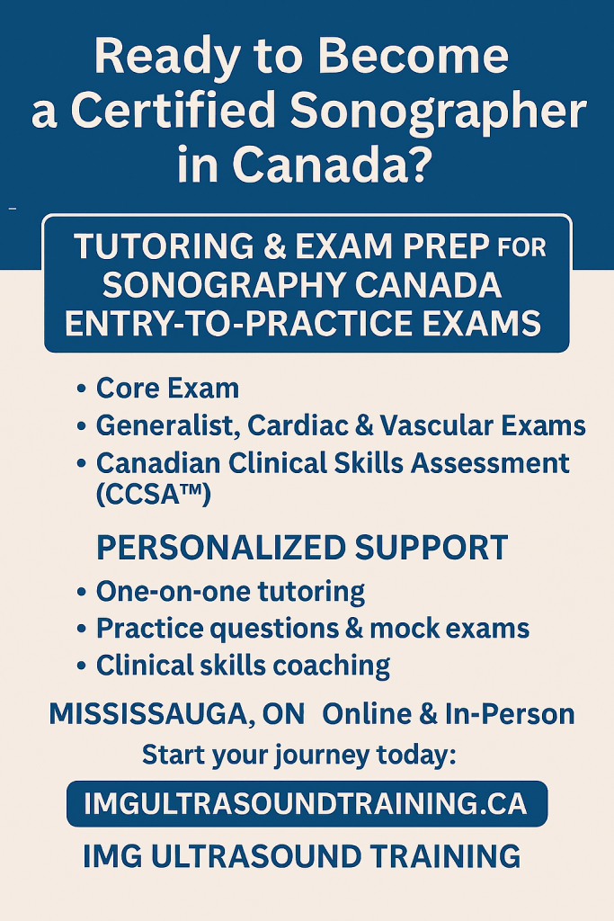 Promotional graphic for ultrasound training services in Canada, featuring tutoring, exam prep, and personalized support for aspiring certified sonographers. Includes details about core exams and clinical skills coaching.