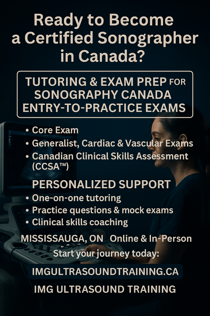 Promotional image for ultrasound training services in Canada, featuring a person preparing for sonography certification with a message about personalized support and exam prep.