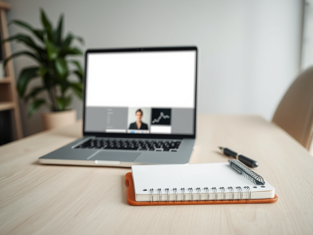 A laptop displaying a professional video call interface, situated on a wooden table next to a spiral notebook and pen, with a green plant in the background.