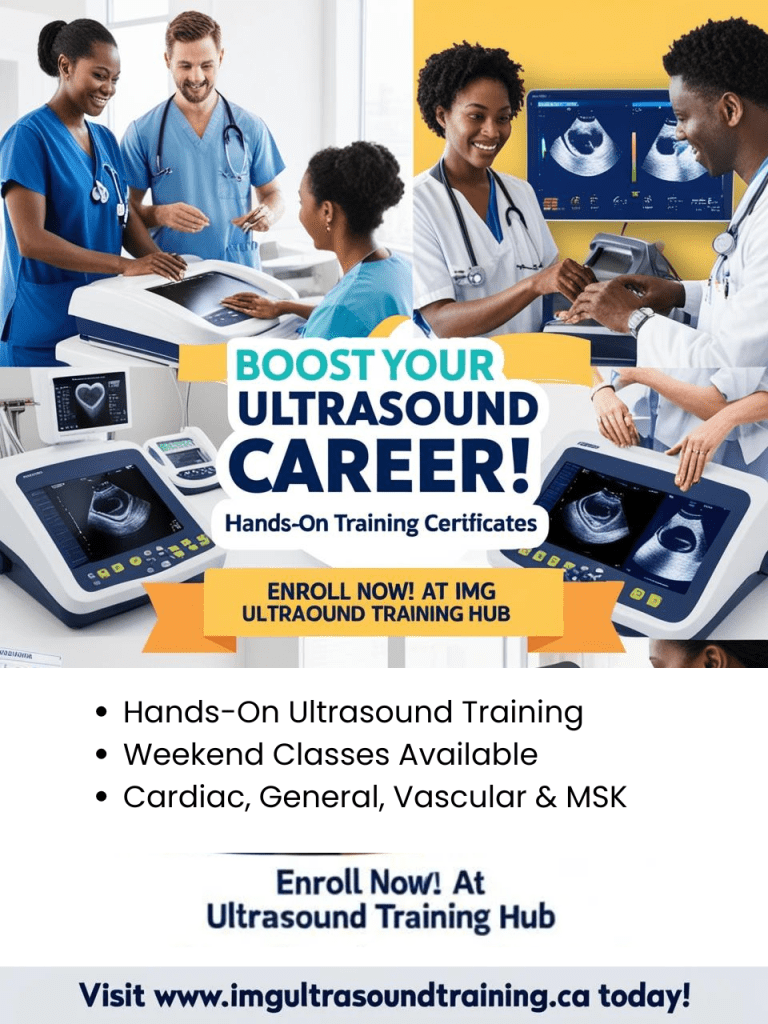 A diverse group of healthcare professionals engaged in hands-on ultrasound training, showcasing various ultrasound equipment and highlighting training opportunities at IMG Ultrasound Training Hub.