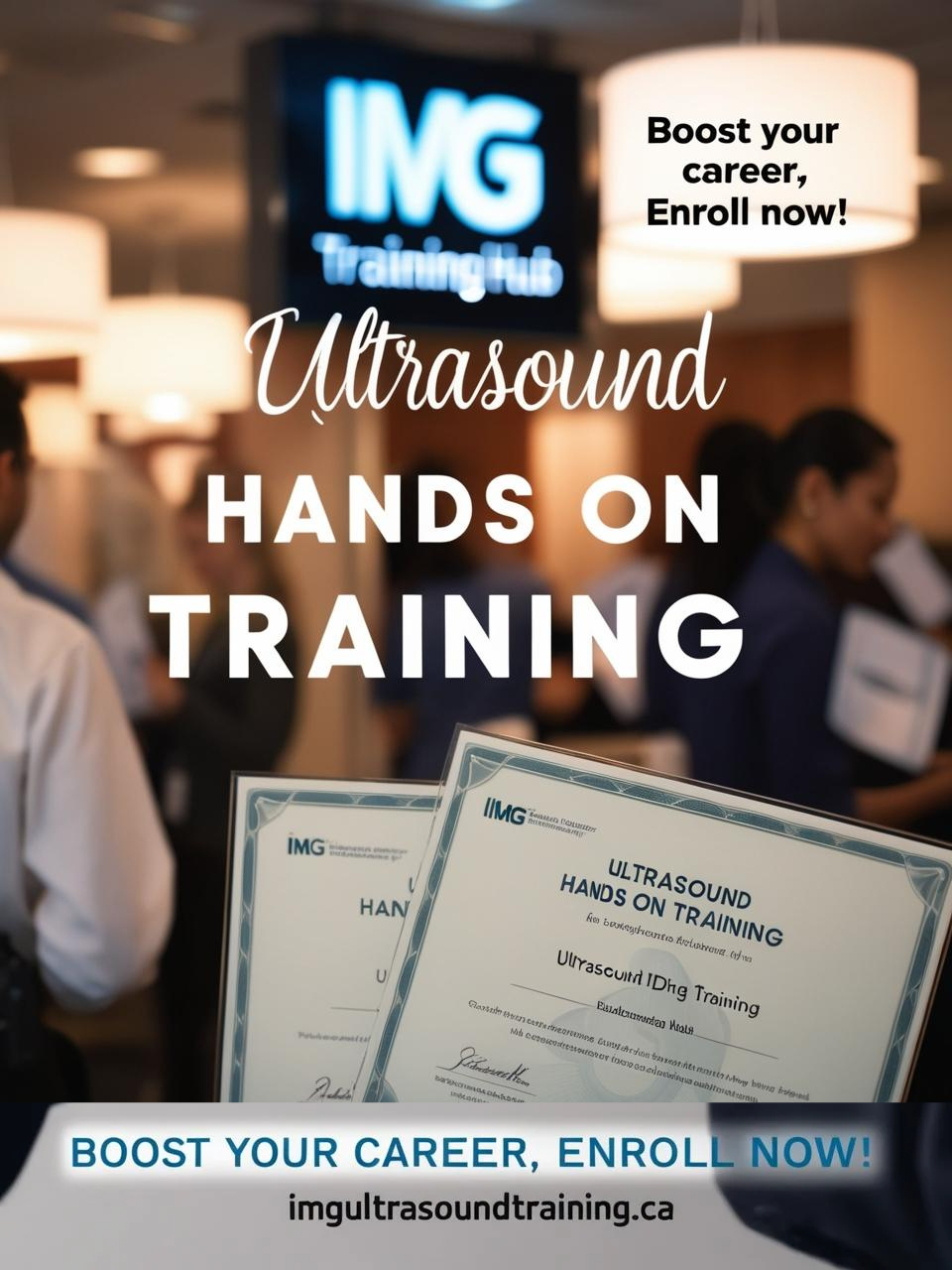 Promotional image for 'Ultrasound Hands-On Training' featuring certificates and the IMG Training Hub logo. Text highlights 'Boost your career, Enroll now!'