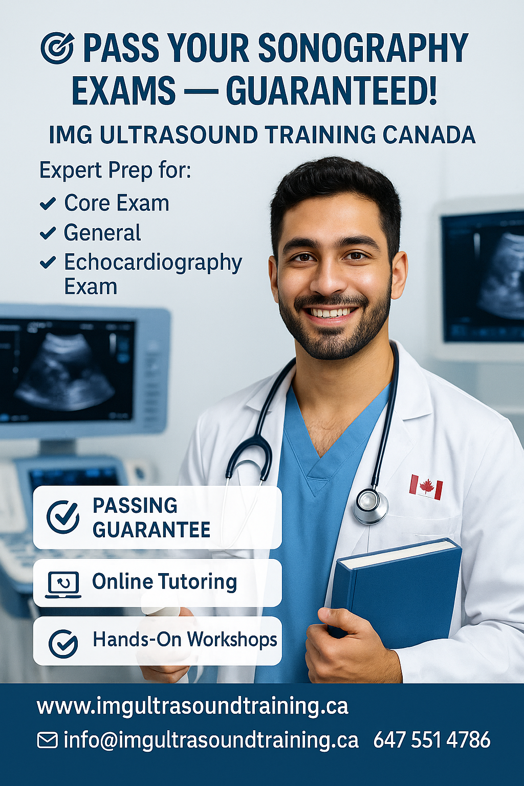 A smiling male healthcare professional wearing a lab coat and stethoscope, standing in front of an ultrasound machine. The background includes ultrasound images on a screen. Text highlights include 'Pass Your Sonography Exams - Guaranteed!' and details about expert preparation for sonography exams.